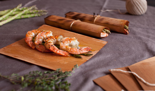 Cedar Wrapped Shrimp with Asparagus