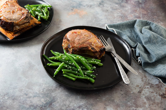 Cedar Planked Sweet & Spicy Pork Chops with Smoky Green Beans
