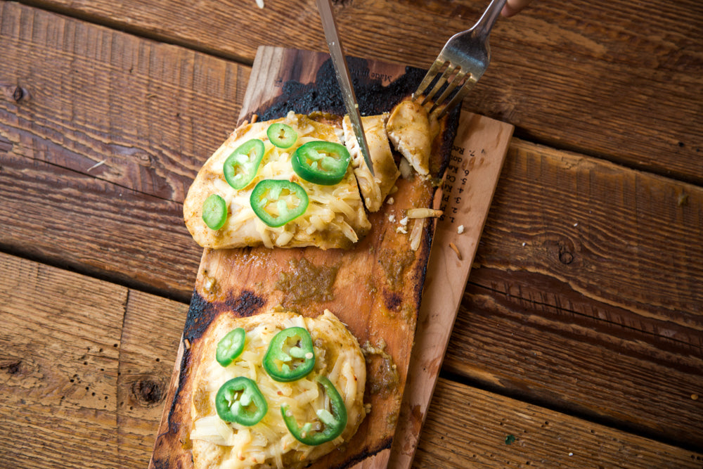 Salsa Verde Chicken on Cherry Grilling Plank