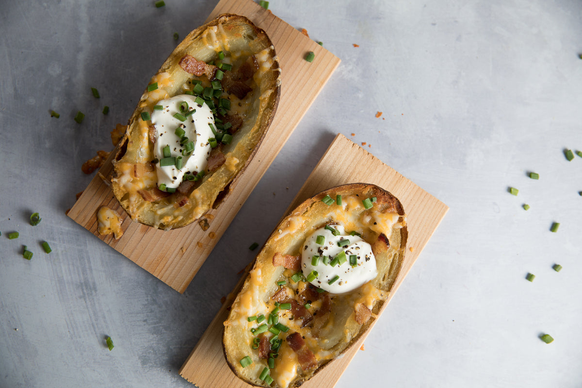 Planked Bacon Cheddar Potato Skins